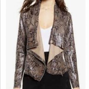 BlankNYC Drape Front Vegan Leather Asymmetry Jacket Snake Print Accent